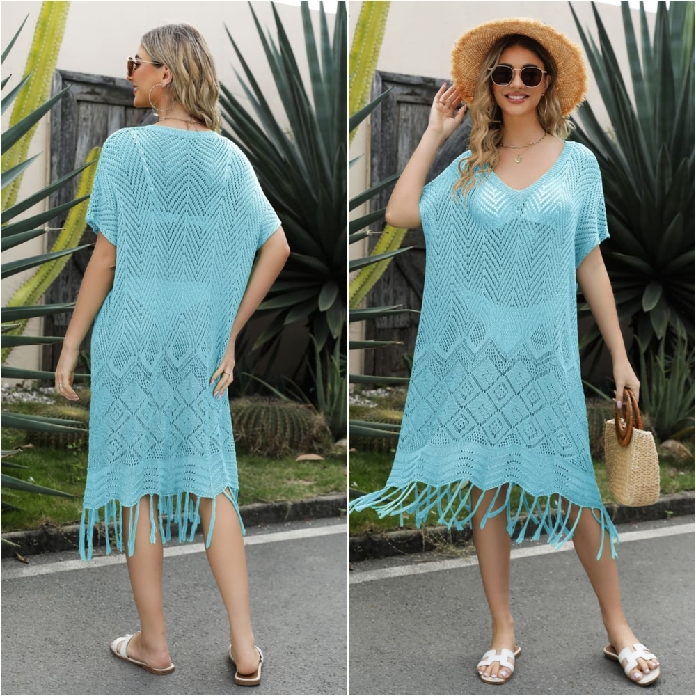 Fringe Hem Knit Beach Dress - Blue - Picture 2 of 5